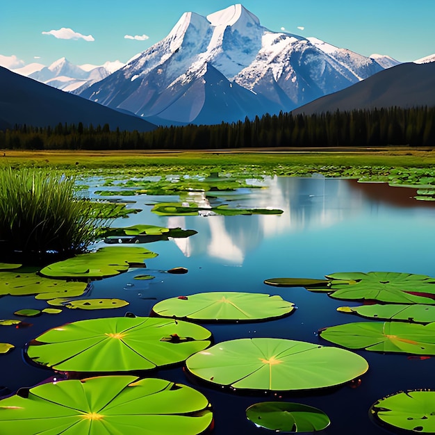 A painting of a lake with lily pads and mountains in the background generative ai