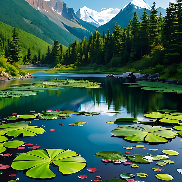 A painting of a lake with lily pads and mountains in the background generative ai