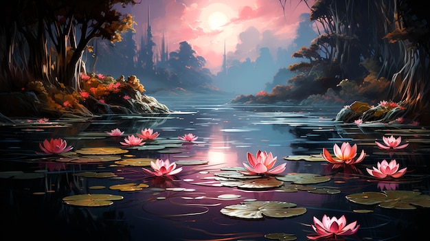 A painting of a lake with a lotus flower