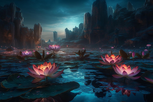 A painting of a lake with lotus flowers in the middle