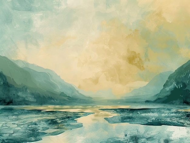 a painting of a lake with a mountain in the background