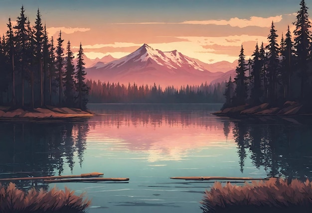 a painting of a lake with a mountain in the background