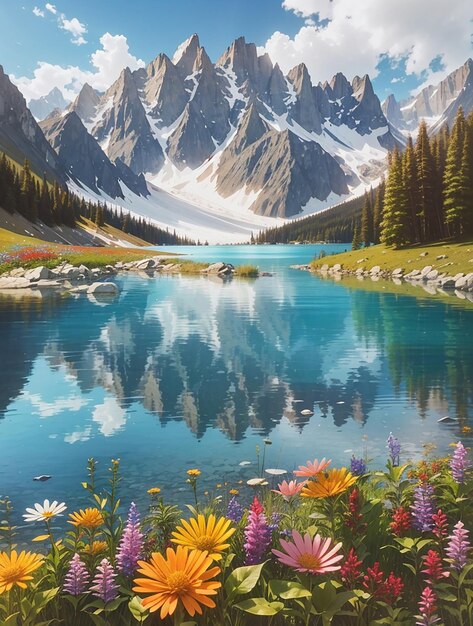 A painting of a lake with a mountain in the background