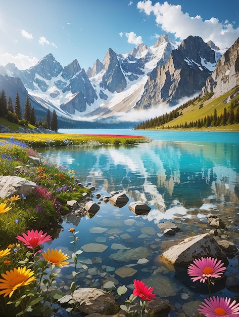 A painting of a lake with a mountain in the background