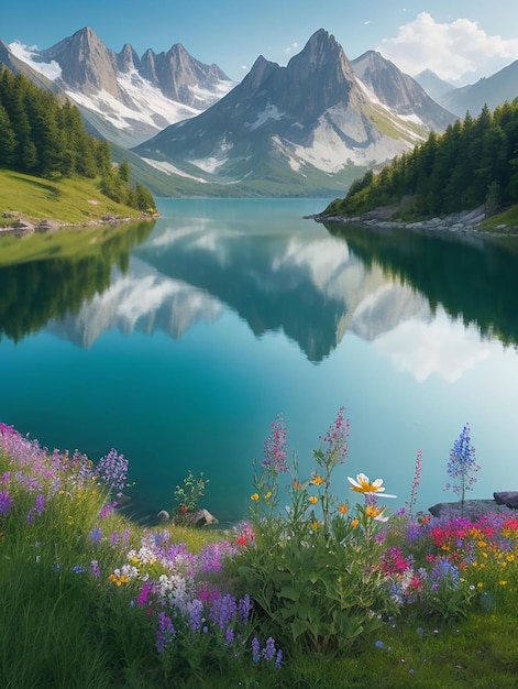 A painting of a lake with a mountain in the background