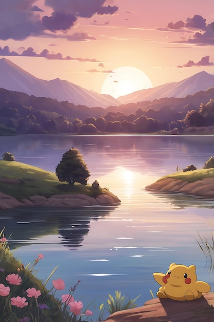 a painting of a lake with a mountain and a sunset