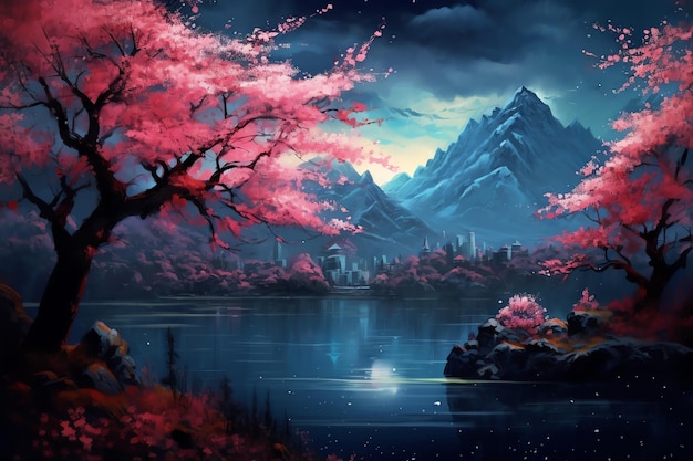 A painting of a lake with a mountain and a tree with pink flowers