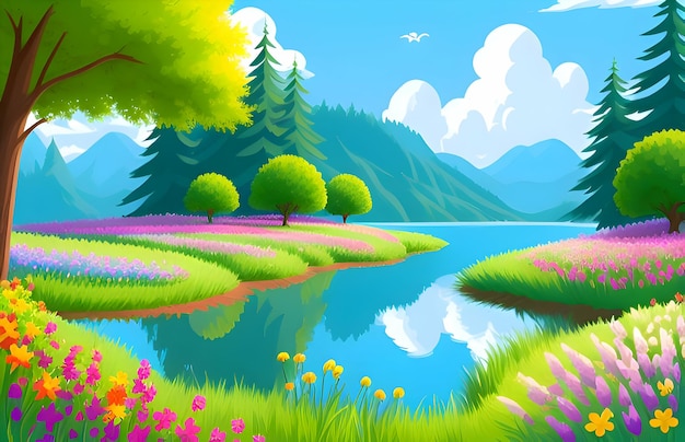 a painting of a lake with a mountain and trees