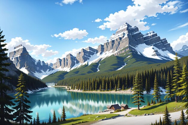 A painting of a lake with mountains in the background