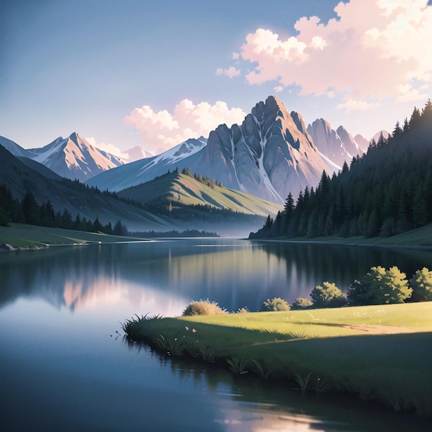 A painting of a lake with mountains in the background.