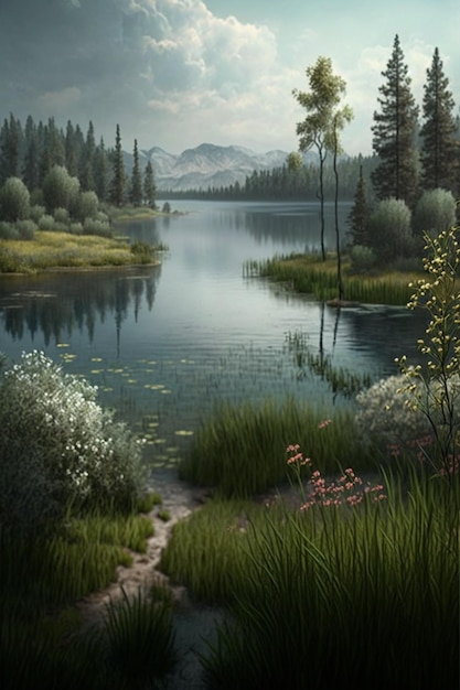 A painting of a lake with mountains in the background