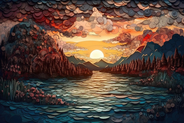 A painting of a lake with mountains in the background