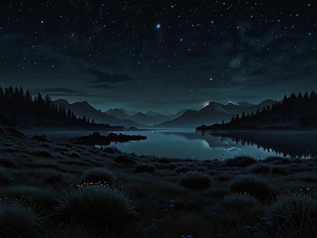 a painting of a lake with mountains and a starry sky