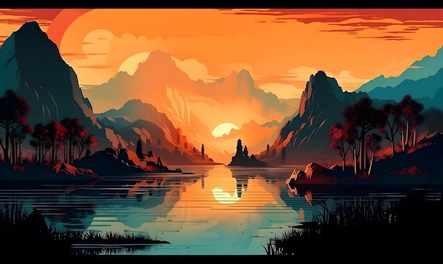 A painting of a lake with mountains and the sun shining on it.