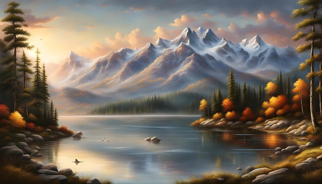 a painting of a lake with mountains and trees in the background