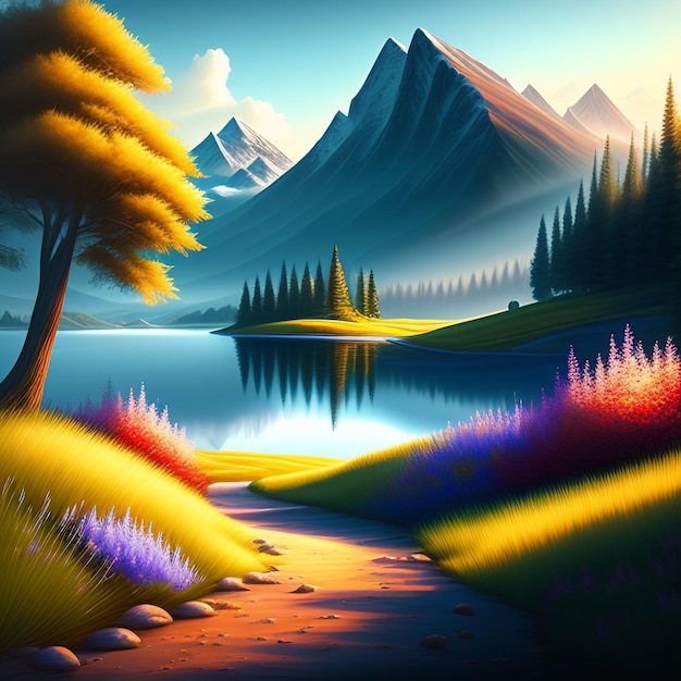 A painting of a lake with mountains and trees in the background.