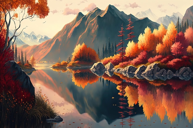 A painting of a lake with mountains and trees in the background.