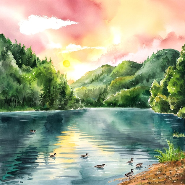 a painting of a lake with mountains and treesbeautiful sky