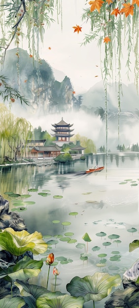 painting of a lake with a pagoda and a boat in the water generative ai