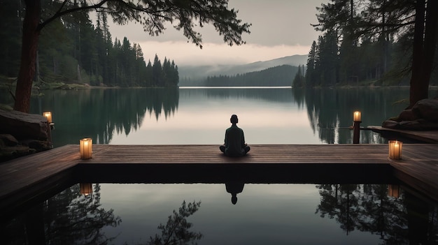 Photo a painting of a lake with a person sitting on a dock and a lake with mountains in the background