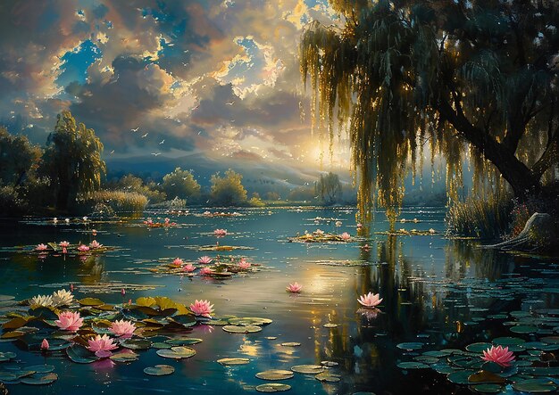 a painting of a lake with pink water lilies and a cloudy sky