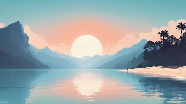 a painting of a lake with a sunset in the background