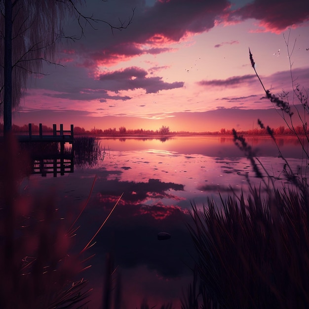 A painting of a lake with a sunset in the background