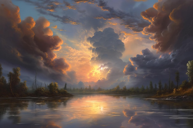 A painting of a lake with a sunset in the background