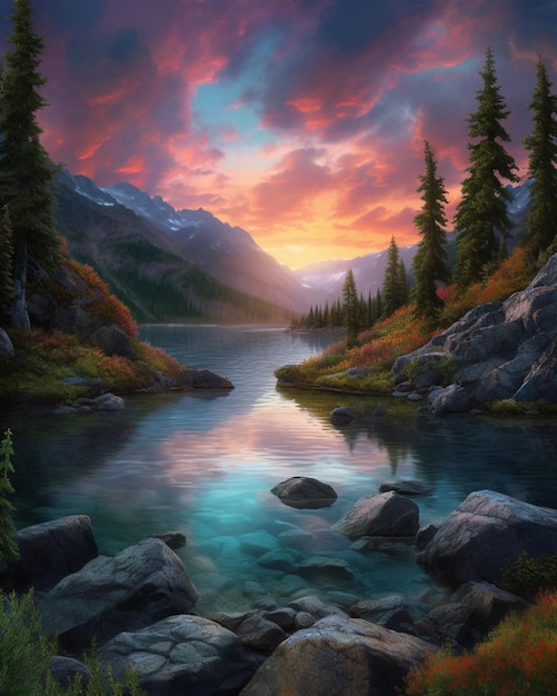 A painting of a lake with a sunset in the background.