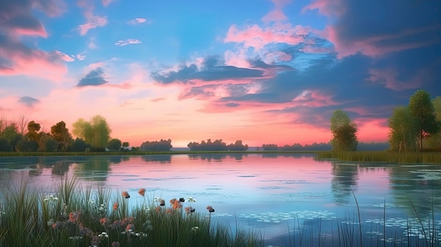 A painting of a lake with a sunset and a cloudy sky.