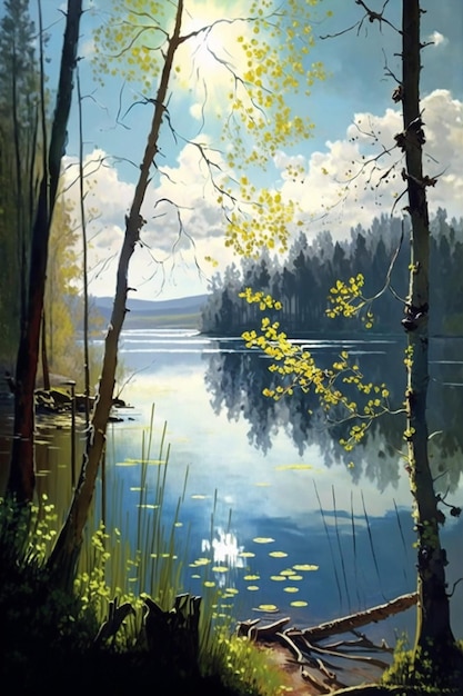 A painting of a lake with a tree branch and leaves.