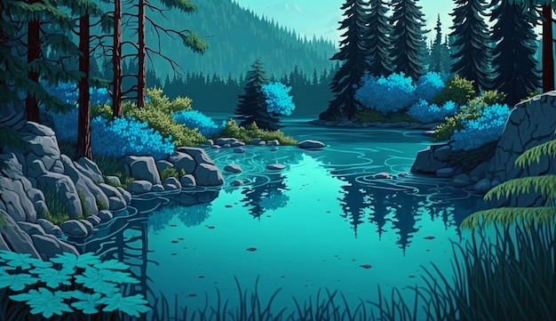 A painting of a lake with a tree and a fish on it.