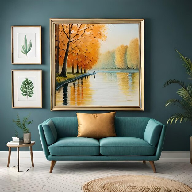 A painting of a lake with a tree on the wall