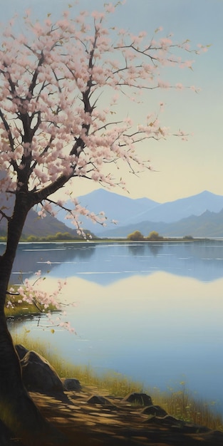 A painting of a lake with a tree with a mountain in the background.