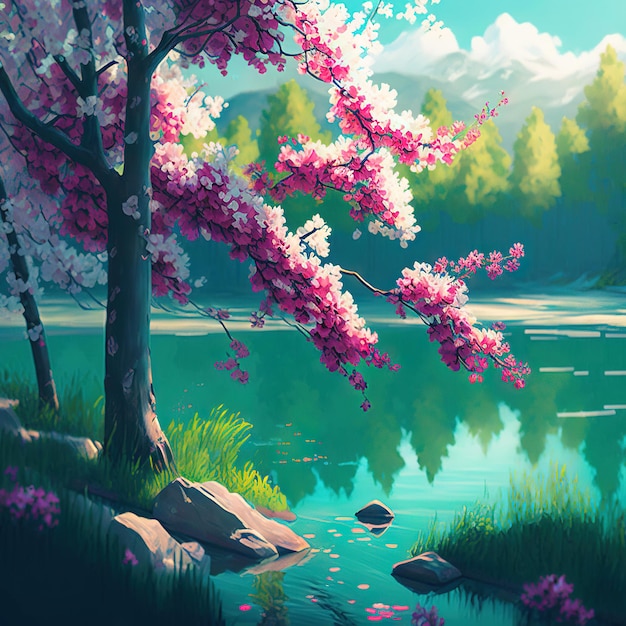 A painting of a lake with a tree with pink flowers and a lake in the background.