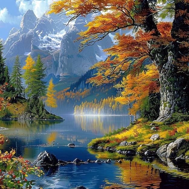 A painting of a lake with trees and mountains in the background