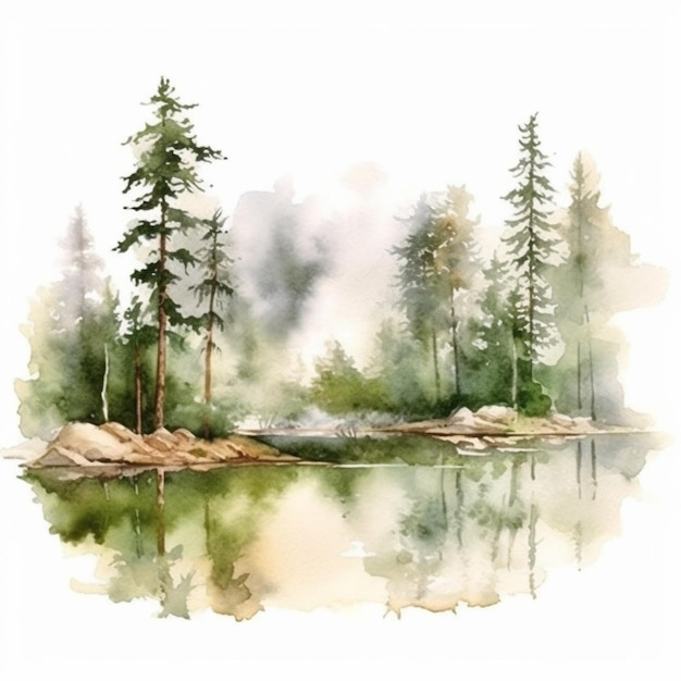 Painting of a lake with trees and rocks in the water generative ai