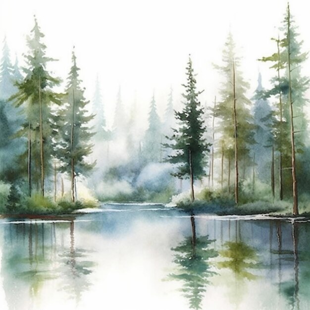 Painting of a lake with trees and water in the background generative ai