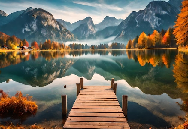 Photo a painting of a lake with a wooden dock and a dock in the foreground