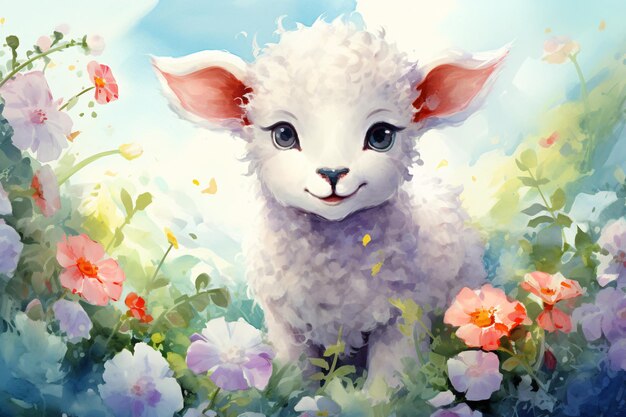 Photo a painting of a lamb in a flower garden