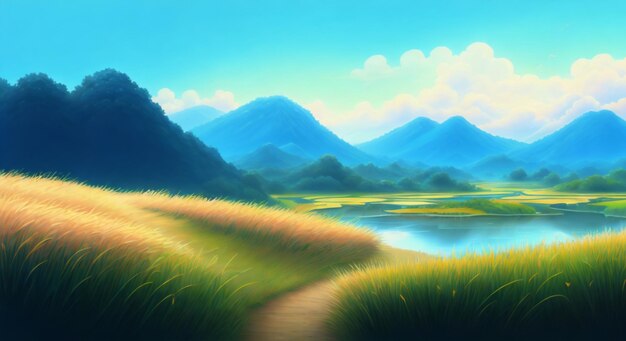 A painting of landscape rice field with a path leading to a lake and mountains in the background