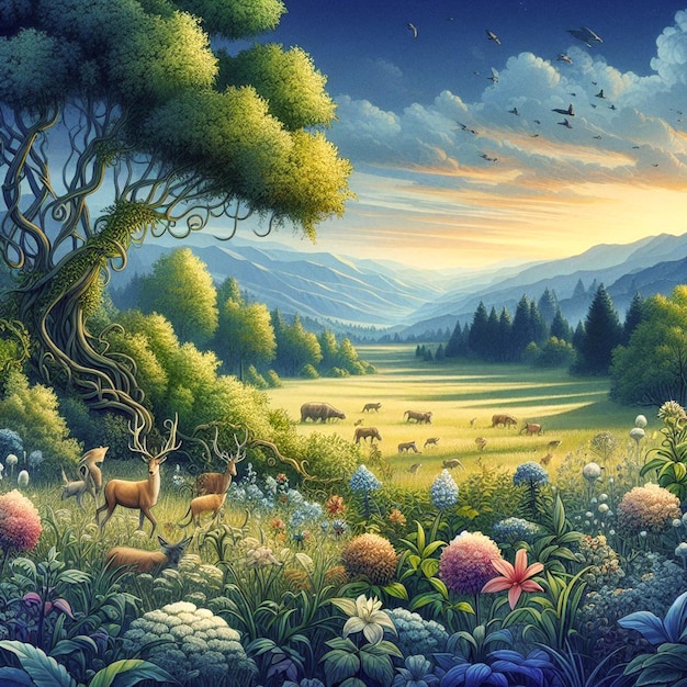 a painting of a landscape with animals and a forest with mountains in the background