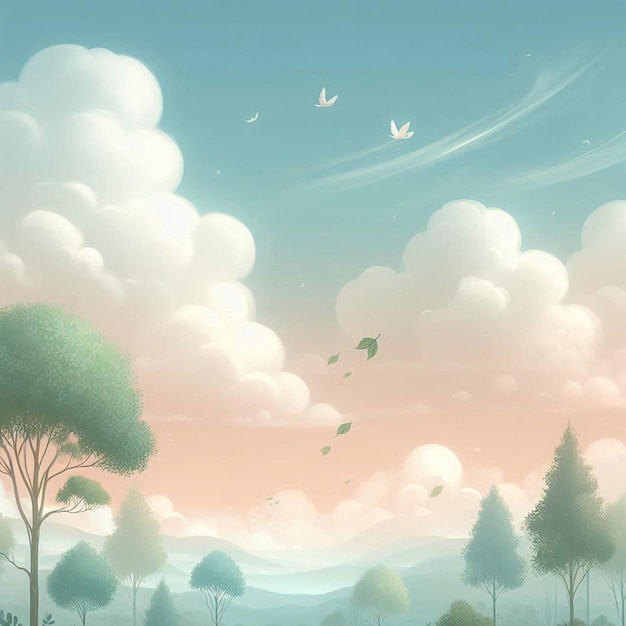 a painting of a landscape with a bird flying in the sky