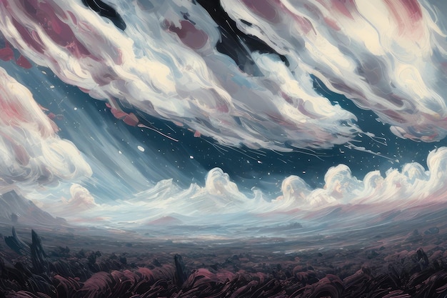 A painting of a landscape with clouds and a sky with a star in the sky.