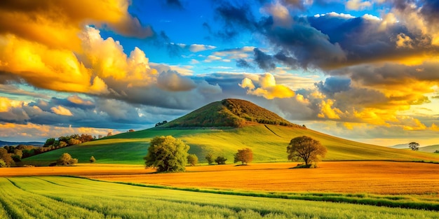 a painting of a landscape with a hill and trees in the background