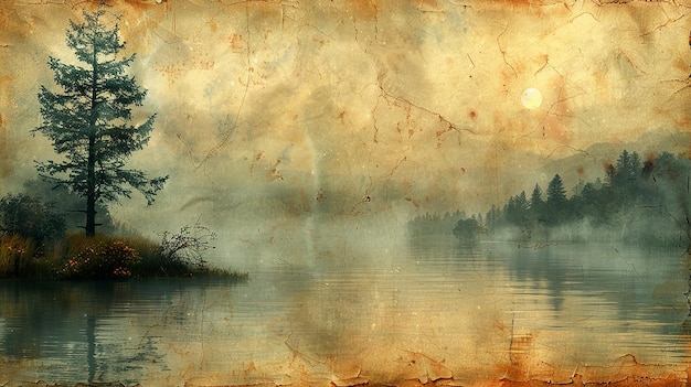 a painting of a landscape with a lake and the sun shining through the clouds