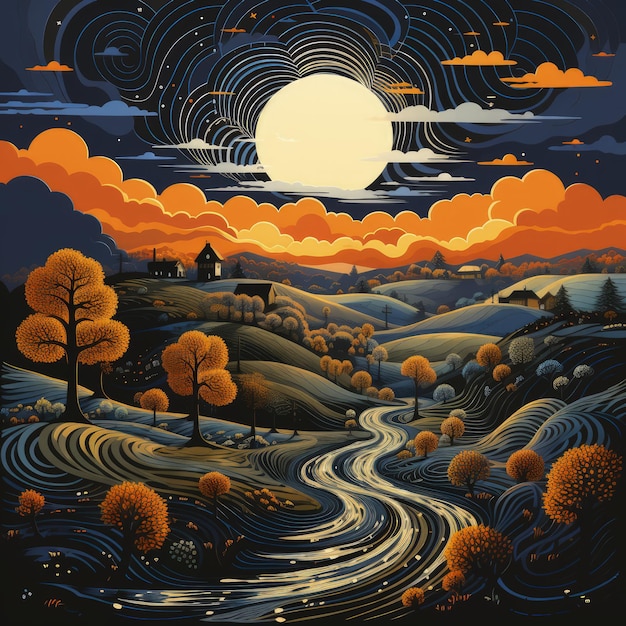 a painting of a landscape with a moon and trees