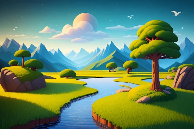 a painting of a landscape with mountains and river