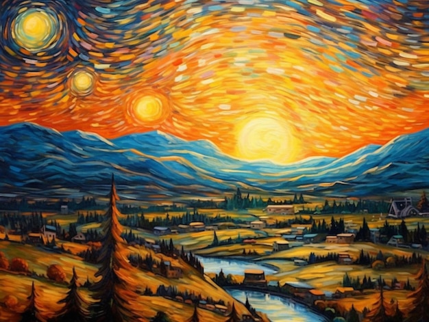 A painting of a landscape with mountains and a sunset in the background.