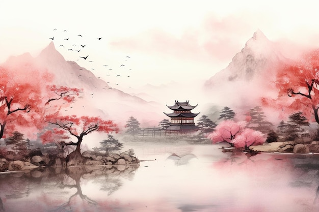 Painting of a landscape with a pagoda and a lake in the middle generative ai